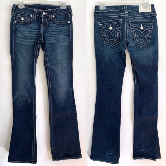 TRUE RELIGION Becky Crystal Dark Wash Swarovski Distressed Low Rise Bootcut Jean - Picture 1 of 13